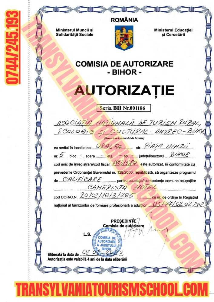 Autorizație cameristă hotel